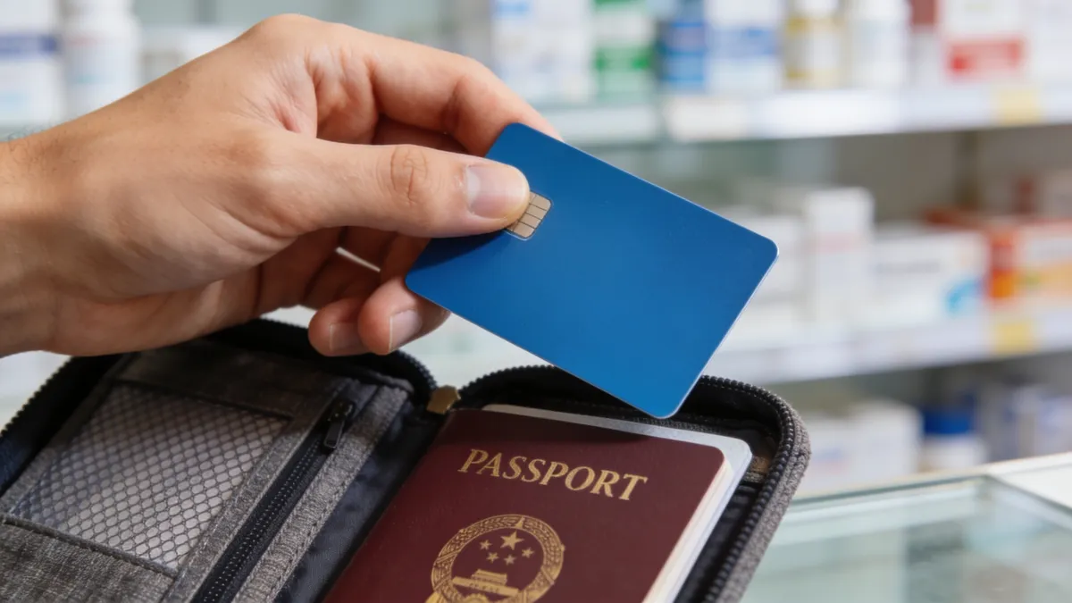 Modrý európsky preukaz zdravotného poistenia EHIC v ruke cestovateľa
