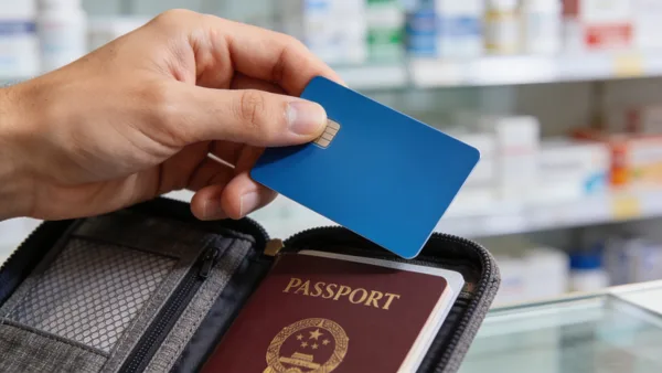 Modrý európsky preukaz zdravotného poistenia EHIC v ruke cestovateľa