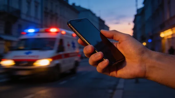 Záchranné auto s modrým majakáčom na ceste v zahraničí - núdzové čísla v zahraničí